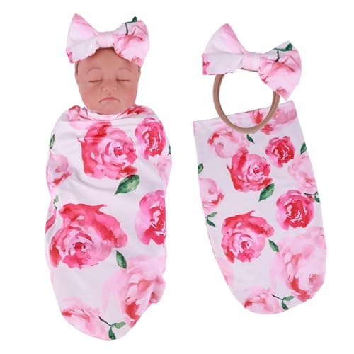BABESIDE Reborn Baby Doll Blanket with Headband for 1724 Inch Babydolls Reborn Baby Doll Accessories Swaddle Blanket Set for Realistic Babydolls Girl Pink Floral Pattern