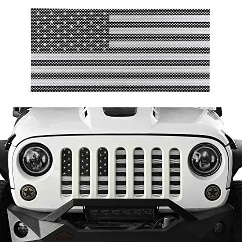 Hooke Road Wrangler Grill Insert US Flag Front Mesh Grille Screen Bug Deflector for 2007-2018 Jeep Wrangler JK & Unlimited (Black & White Old Glory)