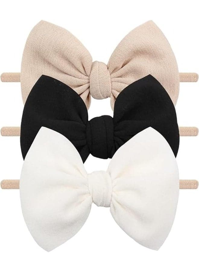 3Pcs Nylon Baby Girls Headbands, Newborn Bows Elastic Hairbands, Big Bows Children Hairbands, Stretchy Soft Hair Accessories, for Infant, Toddlers, Kids, Beige, Black, White