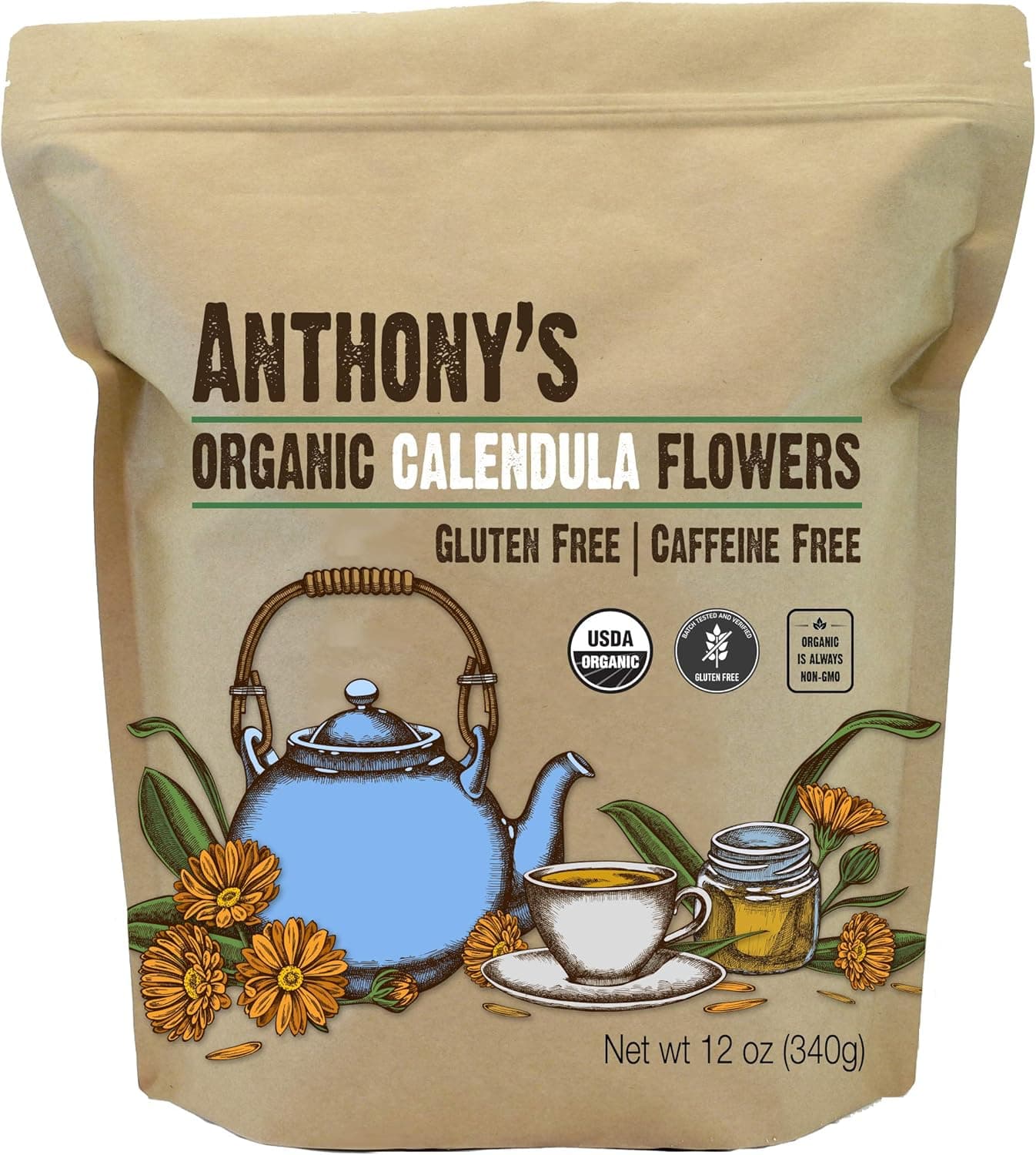 Anthony's Organic Calendula Flowers, 12 Oz - Whole Petals for Tea, Crafts, and Beauty Products