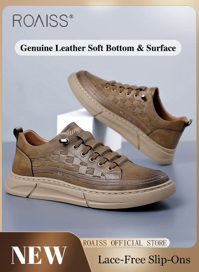 Men's Genuine Leather Retro Fashion Slip-On Sneakers Men's Soft-Soled Comfortable Non-slip Casual Shoes Daily Commuting Breathable Formal Loafers Brown