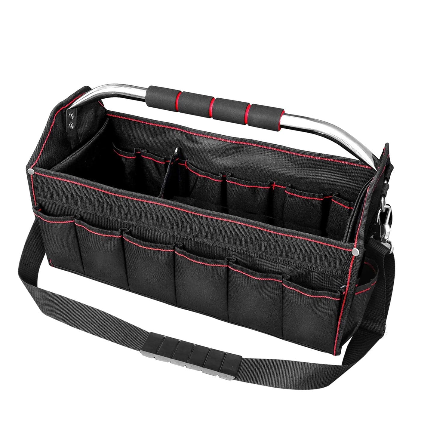 HAUTMEC 18 Inch Tool Bag Foldable Open Top Tool Tote with 27 Pockets and Removable Partition HeavyDuty Electrician Tool Bag with Adjustable Shoulder Strap WaterResistant Molded Base HT0020