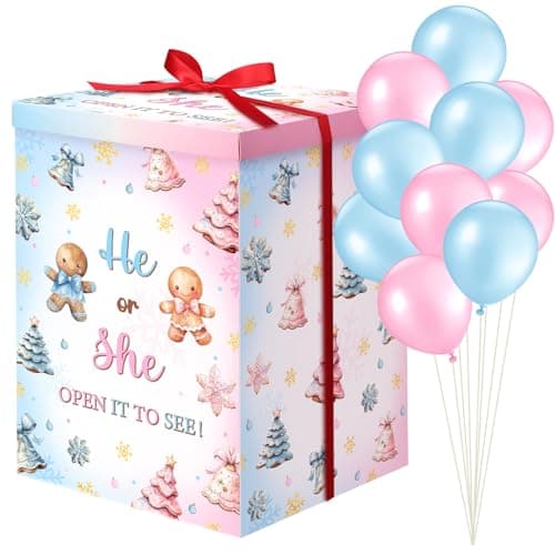 Hungdao Gender Reveal Balloon Box with Ribbon and 10 Pink and Blue Balloons Gender Reveal Games He or She Open to See for Party Decoration 12x12x16 Gingerbread and Trees