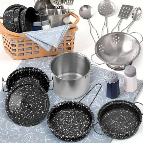 Veitch fairytales Kids Play Kitchen Toy Accessories Set Toddler Cooking Playset Colorful Stainless Steel Pots and Pans Birthday Gifts for 3 Girls Boys New Black