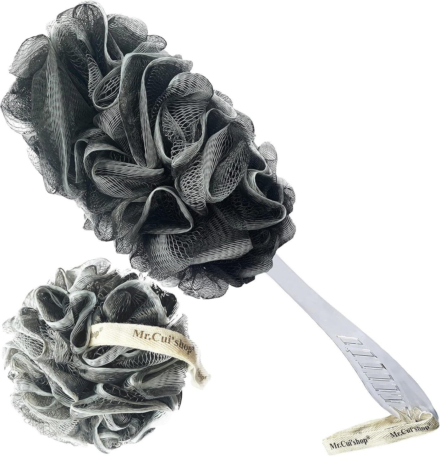 2 pcsSet Charcoal Exfoliating Loofah Bath Back Brush On a Stick Long Handle with Radian is Ergonomic for Men and Women 1 Shower Sponge Body Back Scrubber and 1 Shower Sponge Pouf Mesh