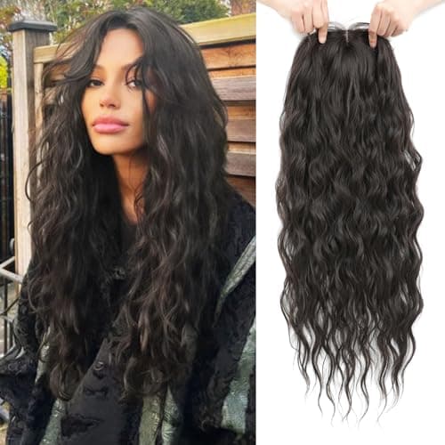 Molefi Curly Hair Topper 26inch Long Wavy Hair Toppers with Bangs for Women Synthetic Wiglets Hairpieces for Adding Volume Dark Brown