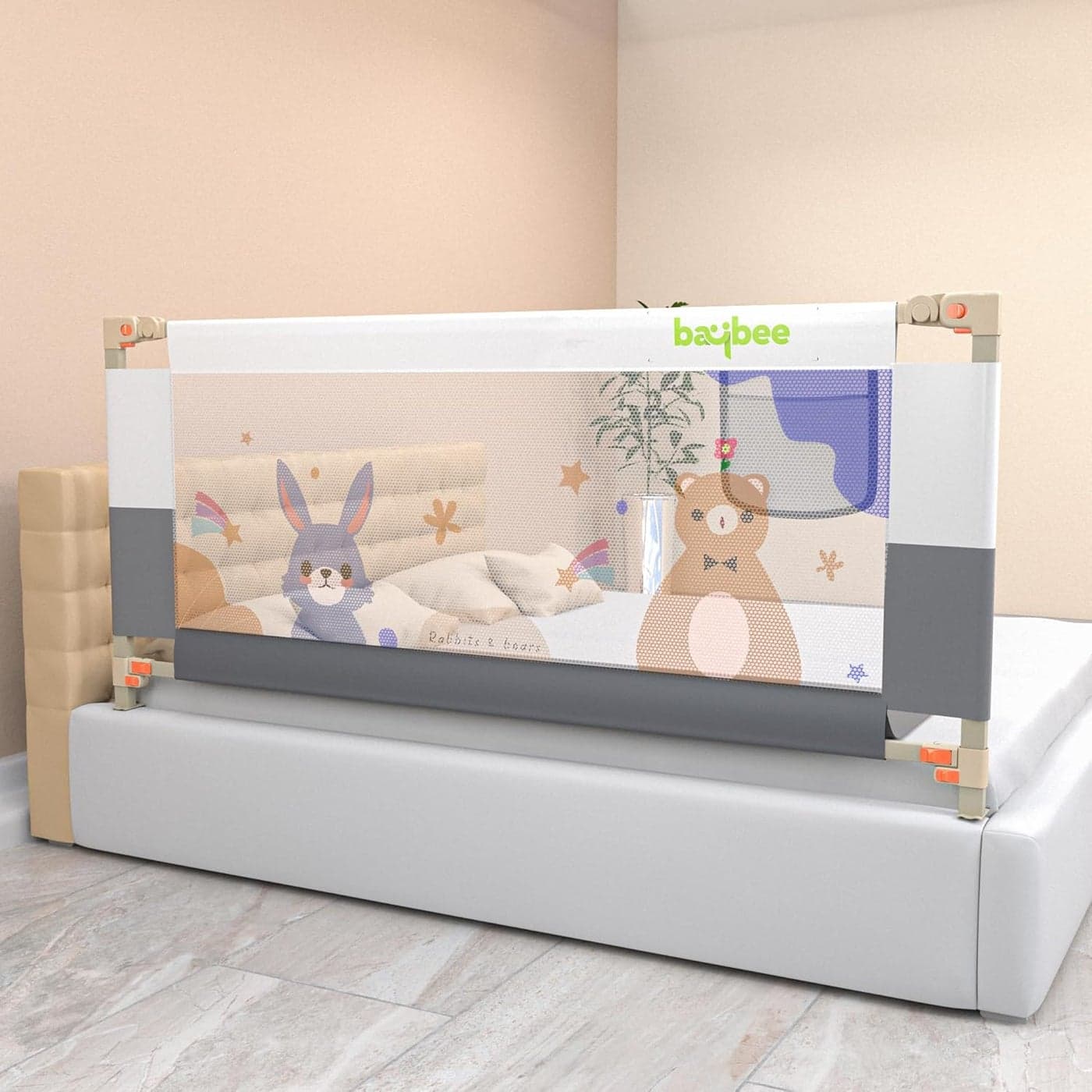 BAYBEE Baby Bed Rail Guard for Baby Safety with 28 Height Adjustable Portable Bed Side Protector for Baby Falling Foldable Single Side Bed Railing for Baby Toddler 1 Side GreyWhite 150x80cm