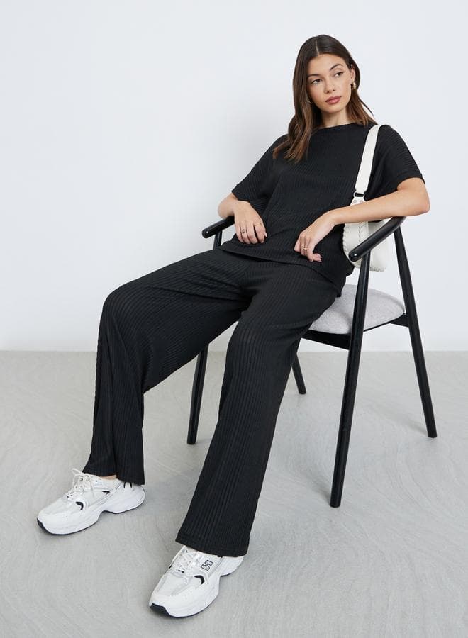 Styli Black Oversized Ribbed T-Shirt and Pants Co-Ords