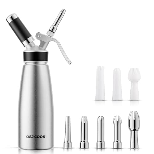 Professional Aluminum Whipped Cream Dispenser - 500 mL/1 Pint,Leak-Free Whipped Cream Maker Canister with 8 Decorating Nozzles & Cleaning Brush - N2O Chargers (Not Included) (Silver, 500ml)