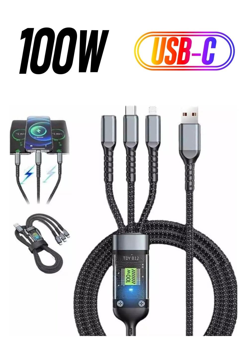 3-in-1 Multi Charger Cable – 1.2M Fast Charging Nylon Braided USB Cable with Micro USB, Type C, and Lightning Connectors for Samsung, Huawei, OnePlus, Kindle, LG, Android & More