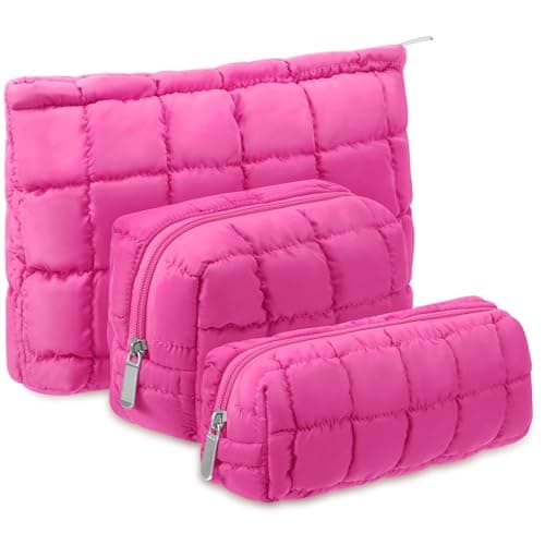 Huhumy 3 Pcs Puffy Makeup Bag Quilted Cosmetic Pouch for Women Cute Checkered Travel Toiletry Bag Puffer Makeup Organizer Purse Pouch Preppy Pencil Case with ZipperHot Pink