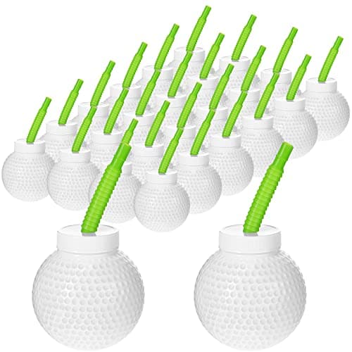 Sumind 24 Set Golf Ball Cups with Straws and Lids 10 oz Plastic Reusable Golf Party Cups Bulk for Kids Birthday Theme Party Supplies