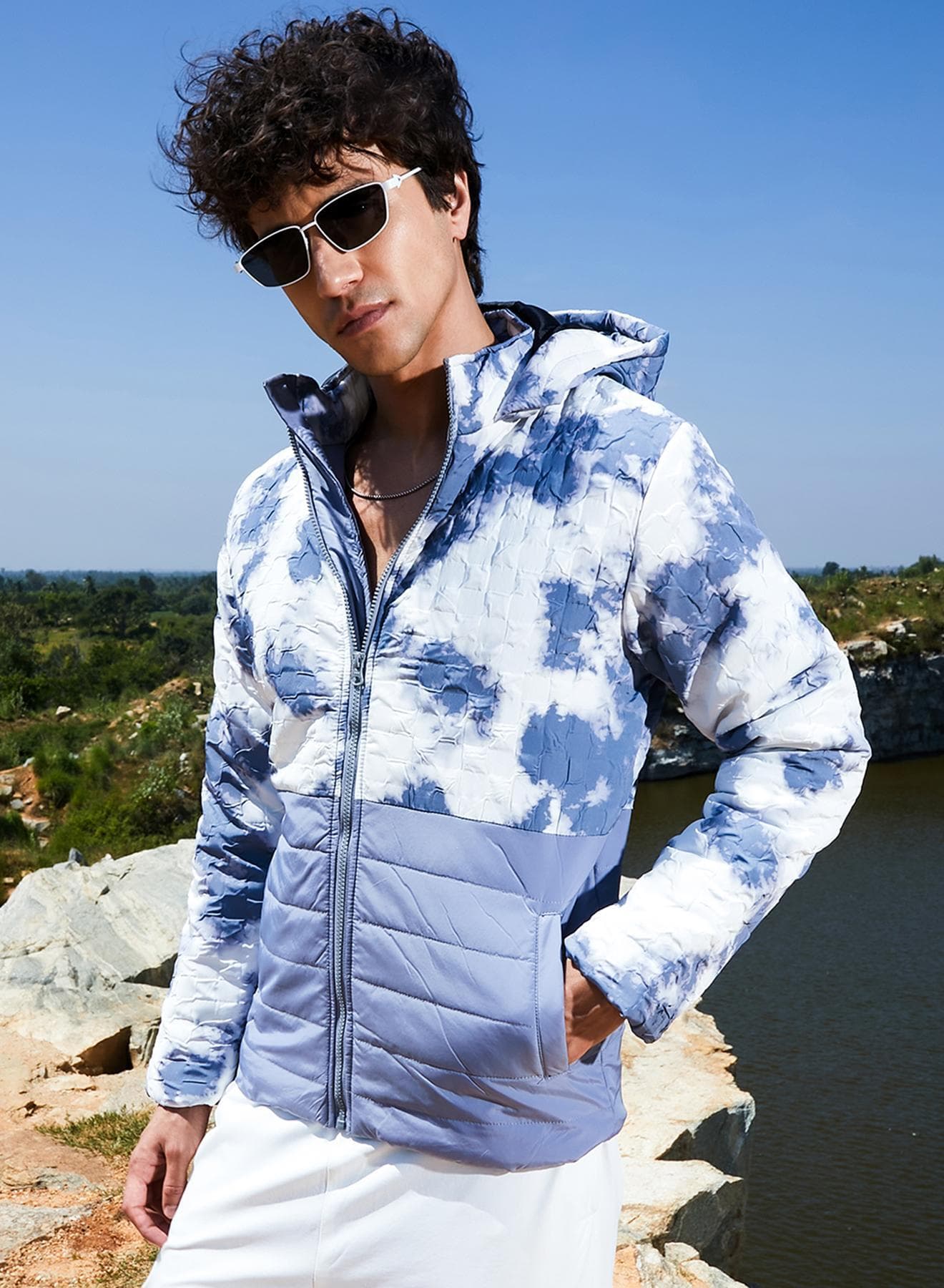 Men's White & Light Grey Tie-Dye Block Puffer Jacket