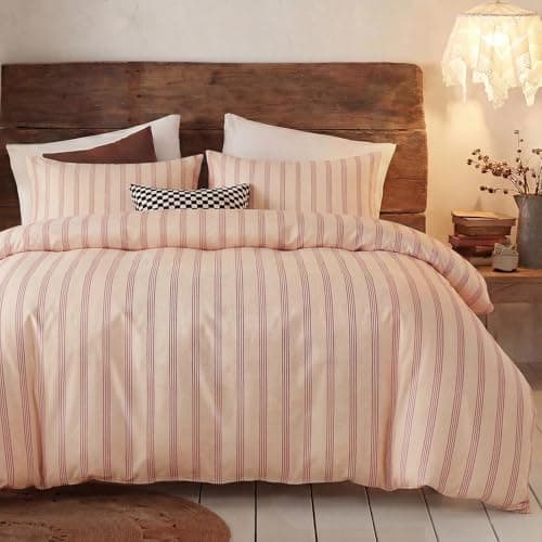 Bedbay 100 Cotton Striped Duvet Cover Set Queen Size Warm Apricot Bedding Set 100 Cotton Sateen Silky Soft Cozy 3 Piece Duvet Cover for All Seasons