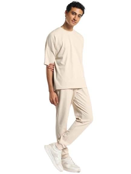 NOBERO Men's Sand Oversized Moses Co-ord Set - Brown Popcorn Textured T-shirt & Joggers - Crew-Neck Oversized Fit for Men