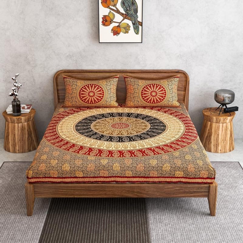 Furnofy 100% Cotton Traditional Jaipuri Print King Size Bedsheet (90x108 Inches) with 2 Matching Pillow Covers – Flat, Maroon