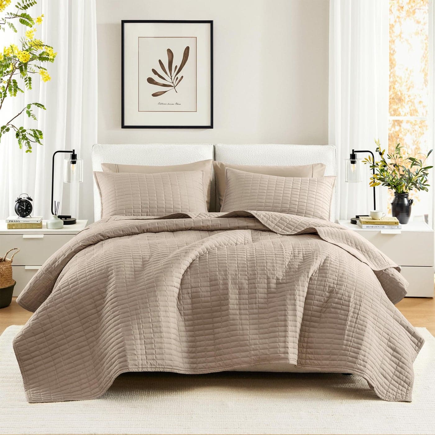 Comfort Spaces Kienna Quilt SetLuxury Double Sided Stitching Design Summer Blanket Lightweight Soft All Season Bedding Layer Matching Sham Taupe Coverlet King 104x90 3 Piece
