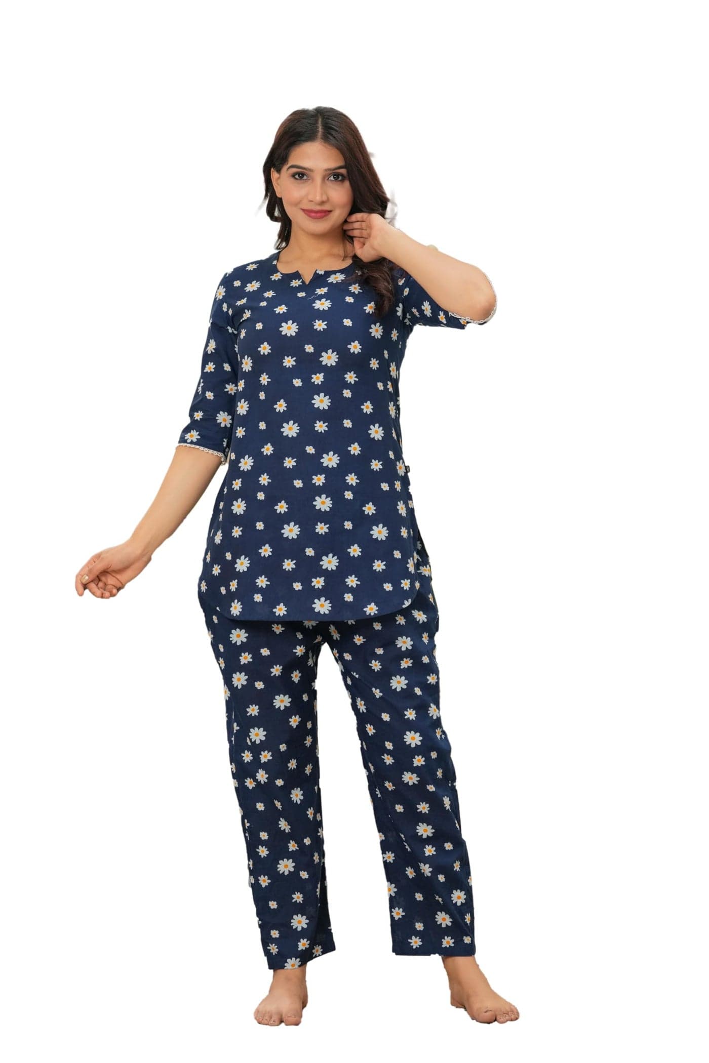 Pistaa's Women's Cotton Printed Night Suit Top and Pyjama Set (Navy Blue, X-Large)