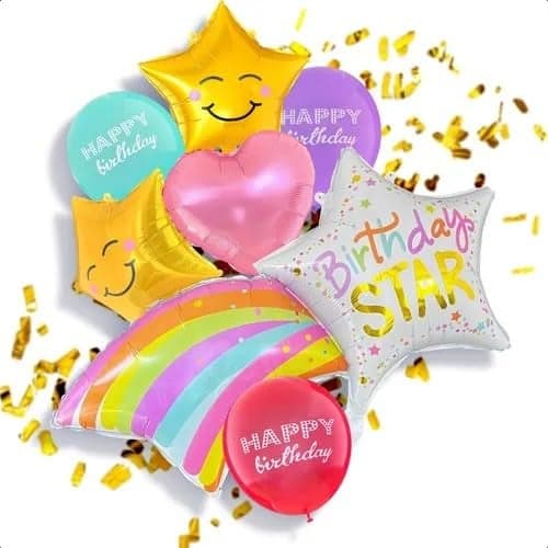 Atpata Funky Shooting Star Birthday Foil Balloon Set with Birthday Star Balloon, Smiley Stars & 3 Happy Birthday Latex Balloons for Unisex Rainbow/Unicorn Theme/Kids Party Decoration Supplies