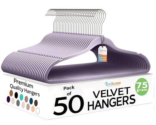 Techzoo Premium Velvet Hangers 50 Pack Ultra Thin Non Slip Adult Felt Space Saving Suit Hanger for Closet Heavy Duty Coat Pants Jackets Dress Hangers 360° Swivel Hook Hold Upto 10 lbs Purple Hangers