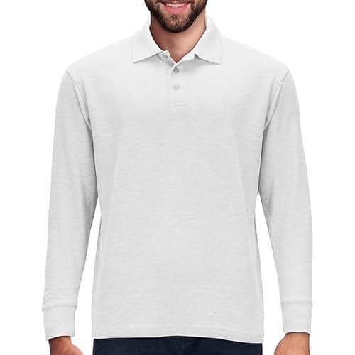 Premium Wear Long Sleeve Polo Shirt for Men, Cotton-Blend Fabric Golf Shirt with Collar, 3-Button Placket, Stain Guard, Elastic Cuffs, Side Split Hem, Casual Tennis Shirt Work & Play, White L