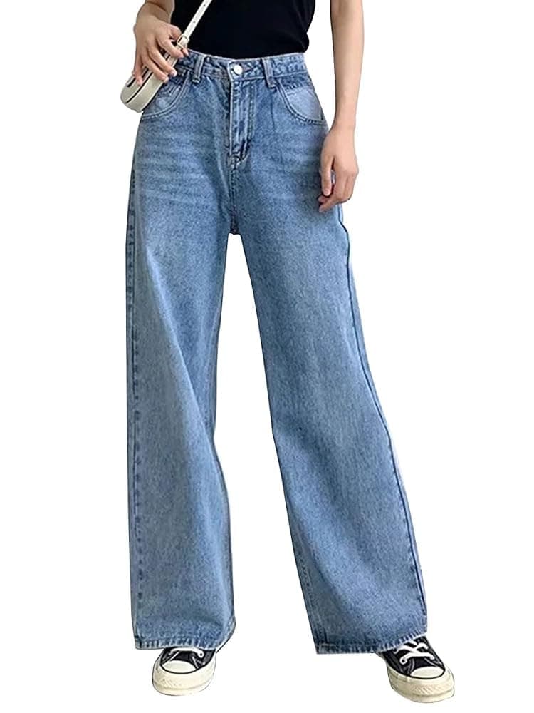 HDLTE Women Wide Leg Jeans Junior High Waist Baggy Jean Loose Boyfriends Jeans Blue Washed