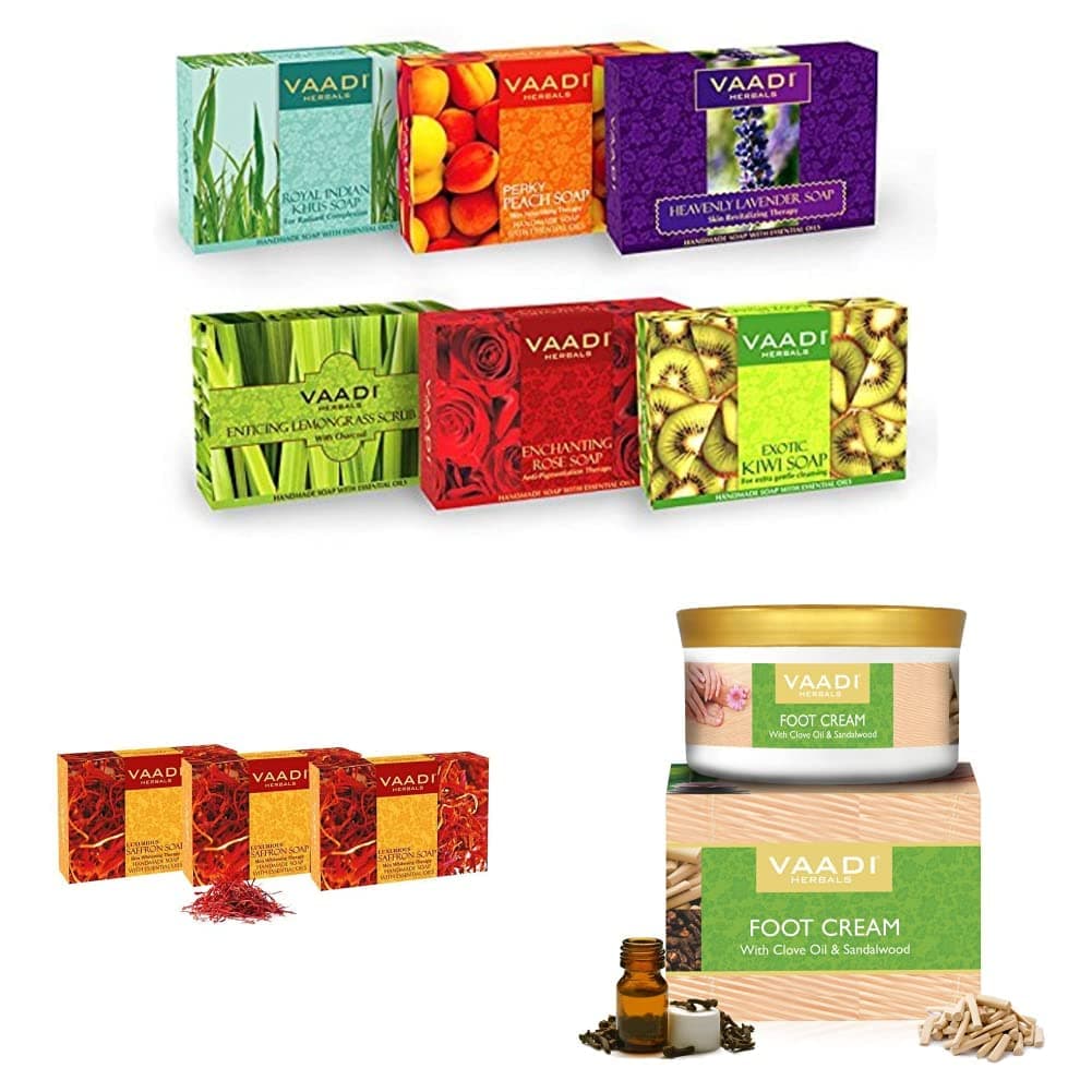 Vaadi Herbals Exotic Flavors Handmade Herbals Soaps 75g Pack of 6 Vaadi Herbals Value Saffron Skin Whitening Therapy Soap 75g Pack of 3 Vaadi Herbals Foot Cream Clove And Sandal Oil 150G