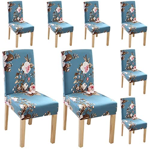 Styleys Polyester Washable Elastic Dining Chair Cover Slipcovers, Sky Blue Flower, Set of 8, SLMC160