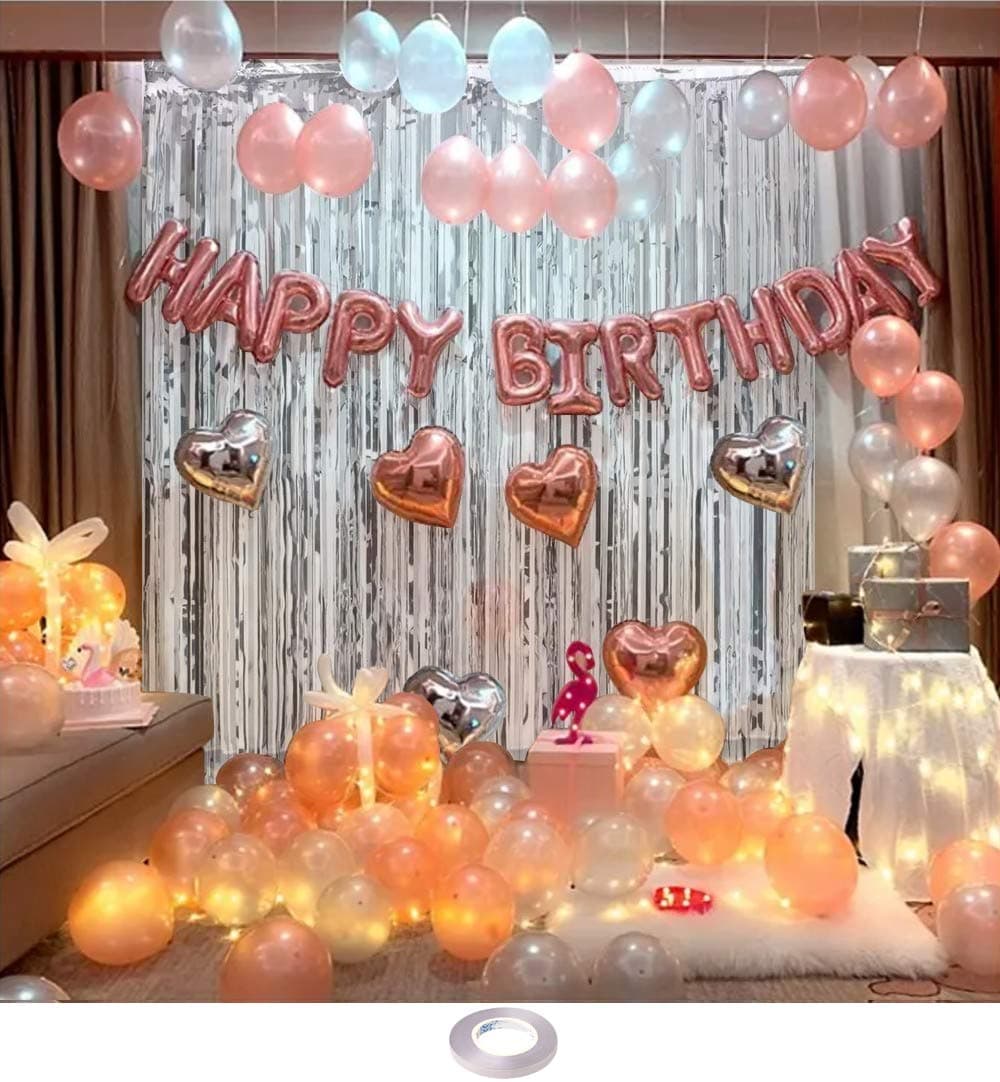 AMFIN® (Pack of 125) Happy Birthday Letter Foil Balloon Set Rose Gold with Ribbon, Curtains, Led Lights, Pump, Heart & Metallic Balloon for Party Decoration/First Birthday Decorations Girl Combo