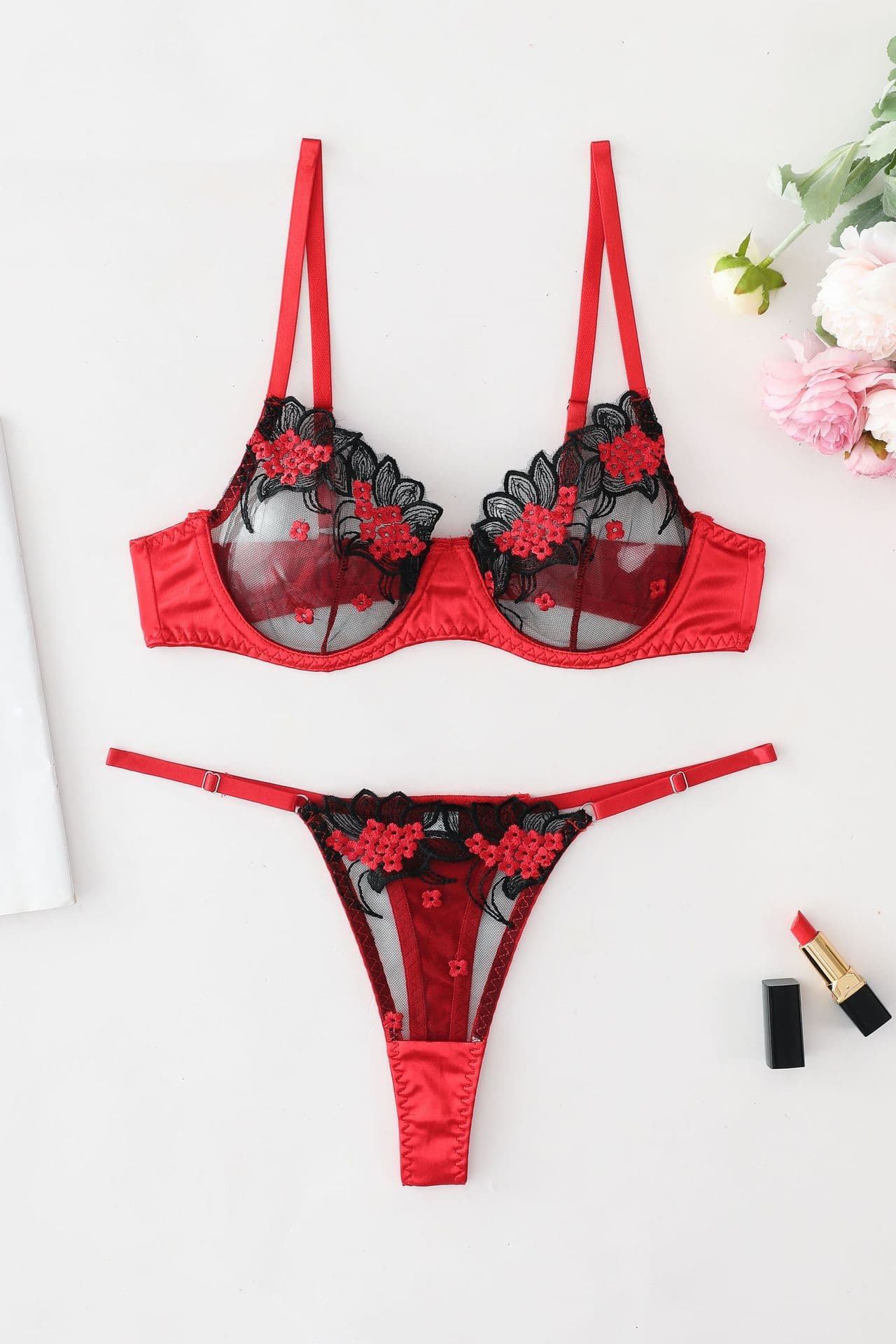 Ins New Valentine'S Day Lingerie Mesh Embroidery Flower Suit