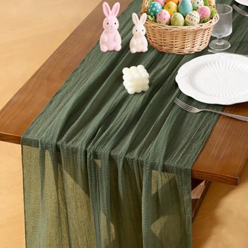 Socomi Green Cheesecloth Table Runner Olive Easter Summer Gauze 120 Inch Rustic Boho Cheese Cloth Runner for Wedding Party Baby Bridal Shower Centerpiece Decor Holiday Home Decorations