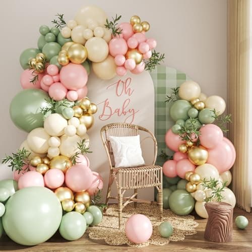 Pink and Green Gold Balloon Arch Kit 124Pcs Pink and Sage Green Balloon Arch Garland Kit with Gold Sand White Balloons for Baby Shower Bridal Shower Wedding Gender Reveal Birthday Party Decorations