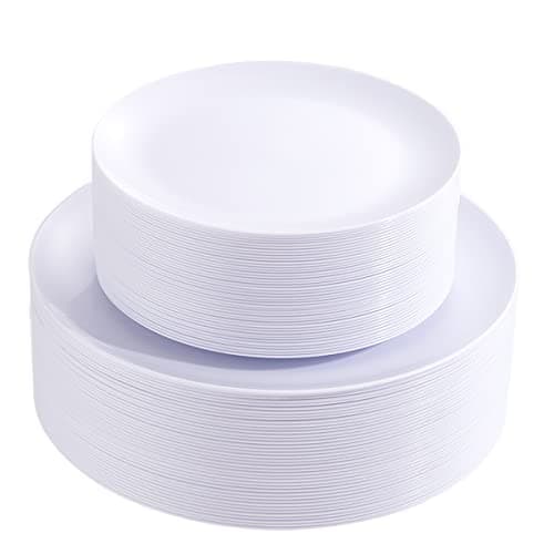 PULOTE 100PCS White Plastic Plates Disposable - Heavyweight 50 White Dinner & 50 Dessert/Salad Plates for Wedding, Party