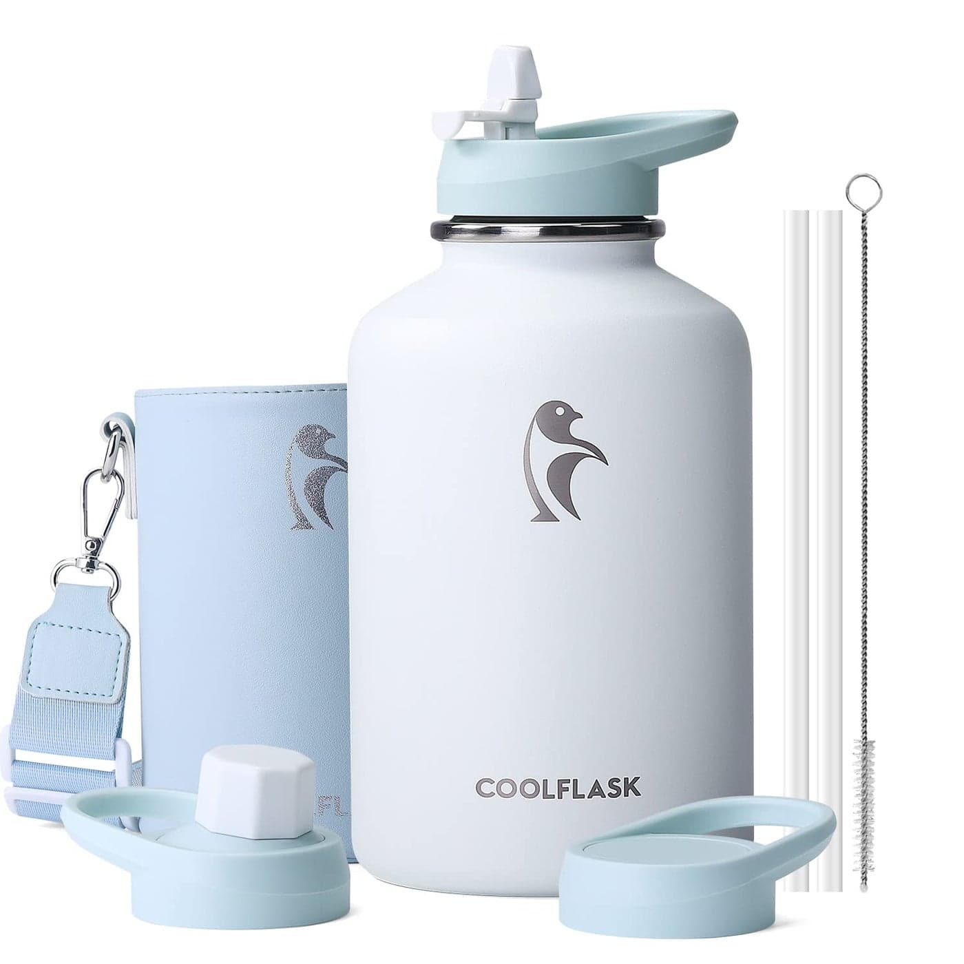 Coolflask 64 oz Water Bottle Insulated with PU Leather Sleeve Half Gallon Water Bottle Color Contrast with Straw Lids Stainless Steel Metal Large Water Jug Keep Cold 48h Hot 24hGlacier White