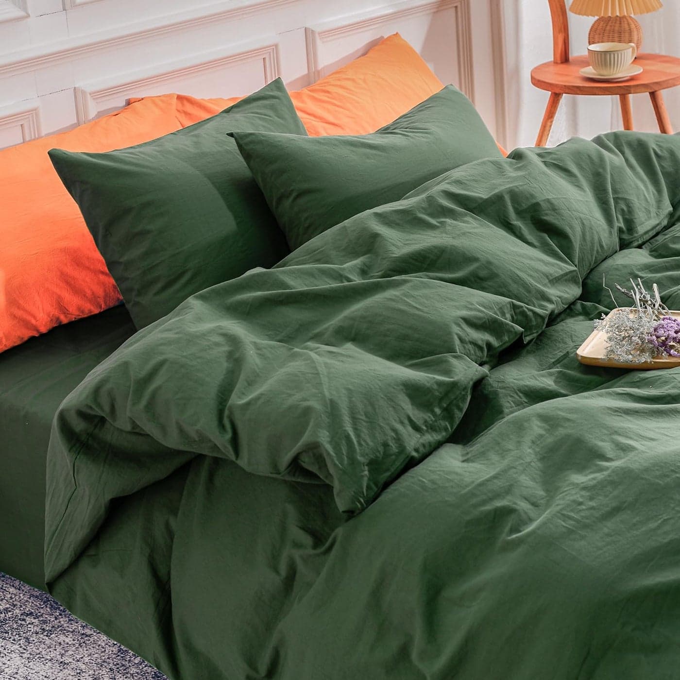 NEXHOME PRO Duvet Cover Set Kids Twin Size Linen Feel Textured Organic Natural 100 Washed Cotton Duvet Cover 2 Pieces Bedding Set with Zipper Closure Breathable Forest Green No Comforter