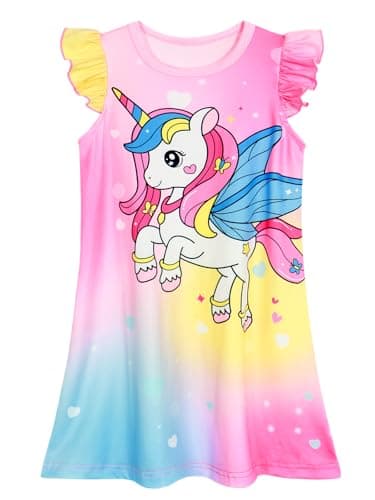 WonderBabe Girls Unicorn Nightgowns 5-6 Years Flutter Short Sleeves Nightdress Nightie Dress Sleepwear Pajamas for Kids