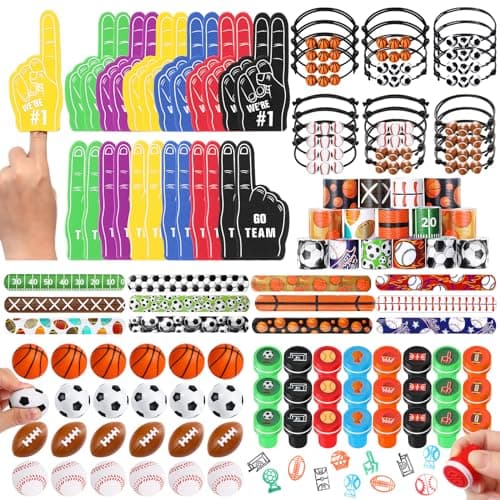 Aoriher 120 Pcs Sport Balls Party Favors Set Serve 24 Basketball Football Soccer Goodie Foam Finger Mini Stress Ball Slap Bracelet Charm Bracelet Stamp for Kids Party Supplies