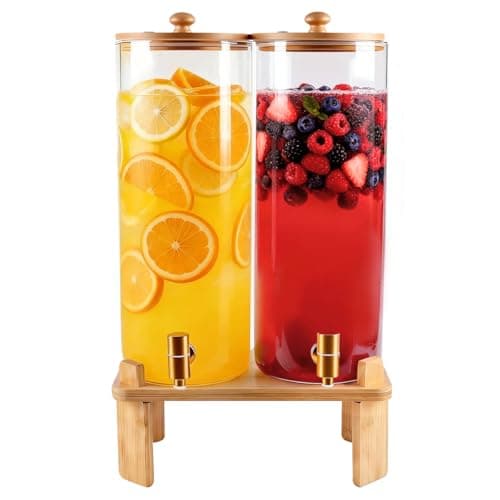 2 Gallon 2 Pack large Glass Drink dispenser for parties,Beverage Dispenser With Wood Stand,Water Dispensers with spigot,lemonade dispenser,juice containers & water pitcher with lid