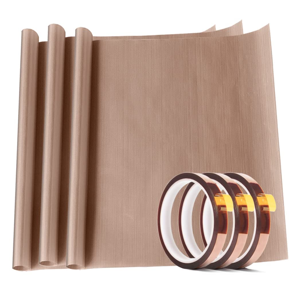 3 Pack PTFE Teflon Sheet 12 x 16 and 3 Rolls 10mm X 33m Heat Resistant Sublimation Thermal Tape for Heat Press TransferNon Stick Paper Reusable Craft MatProtects Ironfor Machines