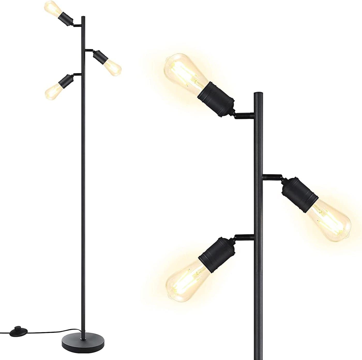Bricosmocon Industrial Standing Lamp with 3 Adjustable Rotating Lights - Tree Floor Lamp for Living Room, Bedroom, Home, Office (E26 Edison Bulb, Black)