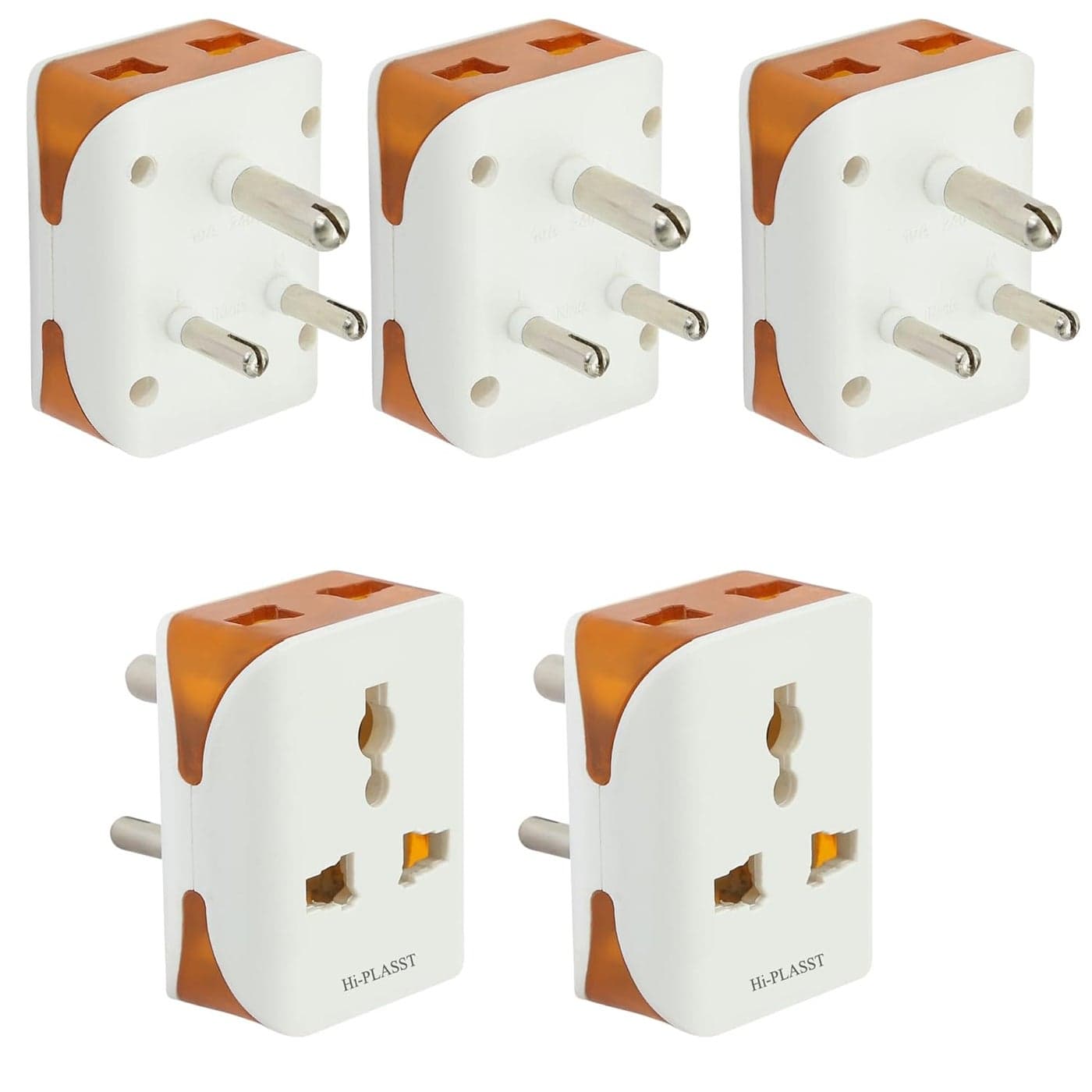 HiPlasst Universal 3Pin Multi Plug with Type D Socket 2X 2Pin 1x 3Pin Outlets USUKEU to India Travel Converter Plug 6A for International Devices White Orange Pack of 5pcs
