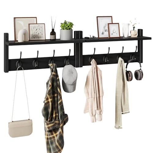 YMYNY Coat Rack Shelf Wall Mounted, Coat Hooks Set of 2, Entryway Coat Hanger with 8 Hooks, 31.5" Wall Floating Shelf with Hat Rack, for Kitchen, Bedroom, Bathroom, Black UHWS001B-2