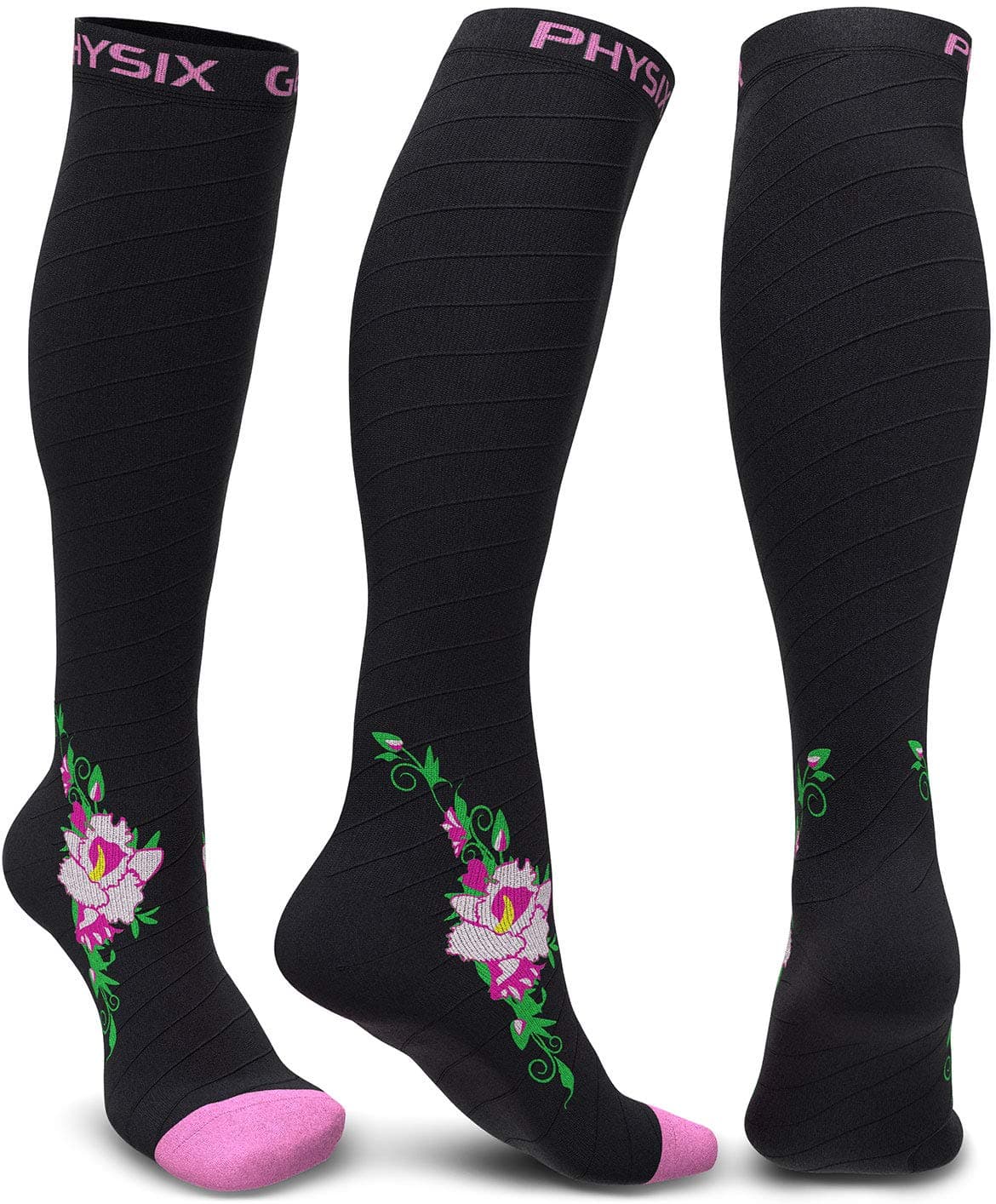 Physix Gear Compression Socks - Best Men & Womens Compression Socks for Circulation, Running, Nurses, Athletic Use Sock Compression, Blood Pressure Socks, Calcetines de, Black/Pink Flower, XXL