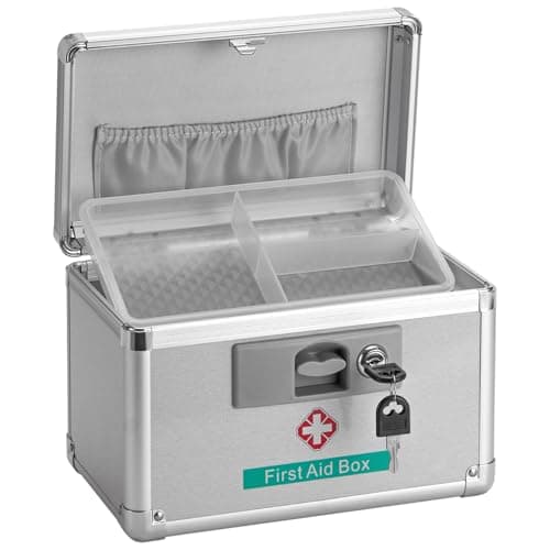 Metal Medicine Storage Box with Key, 10 x 6 x 6.7” First Aid Box Lock For Medication, Smell Proof Box Empty Organizer for Home, Dorm, Office