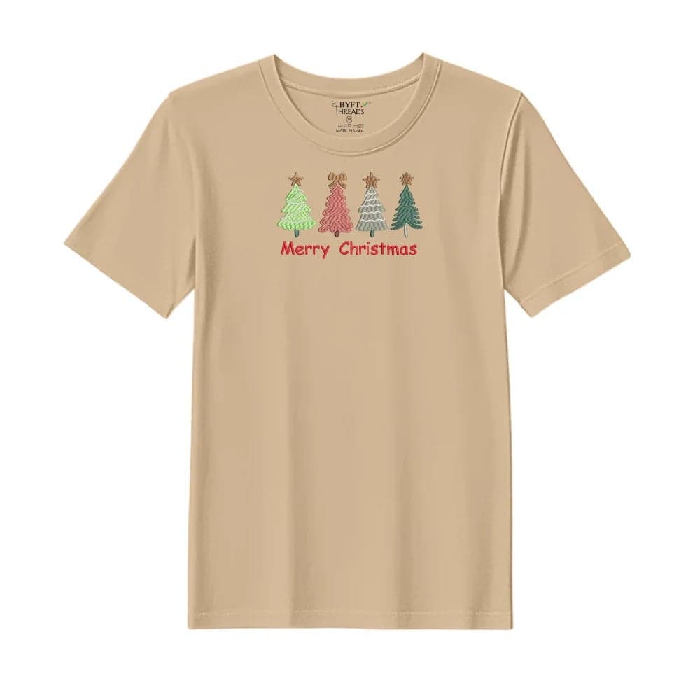 Threads XXL Beige Polycotton T-Shirt - Christmas "Merry Christmas Trees (4 Styles)" Embroidered Design, Premium Holiday Collection