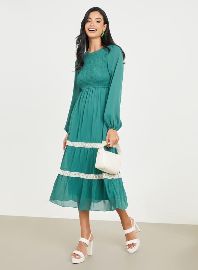 Styli Smocked Lace Detail Tiered Midi Dress — XL