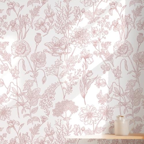 Toduso Peel and Stick Wallpaper Pink Floral Wall Paper Pink and White Contact Paper Removable Waterproof Flowers Wallpaper for Bedroom Bathroom Cabinets Vinyl 17.3" x 393.7"