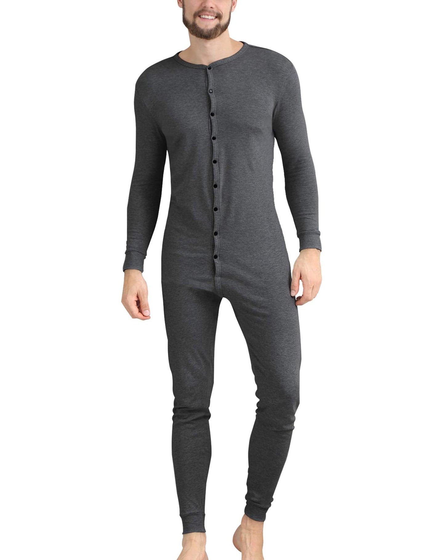 COLORFULLEAF Mens Cotton Thermal Underwear Henley Union Suits Onesies Base Layer Dark Grey M