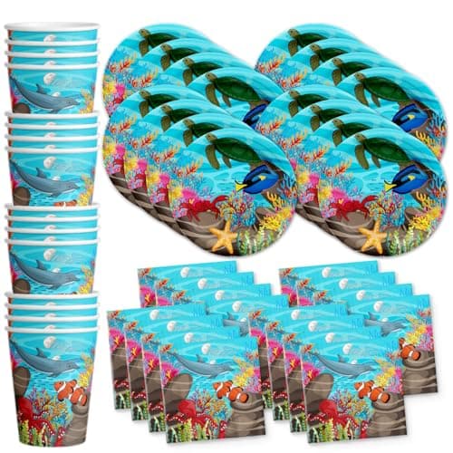 Ocean Sea Life Birthday Party Supplies Set Plates Napkins Cups Tableware Kit for 16