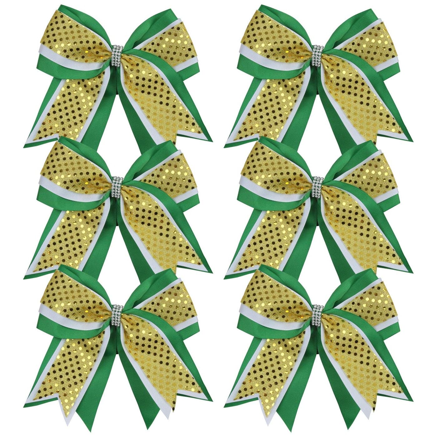 Cheerleader Bows 8 Inch 3 Layers 6 Pcs Ponytail Holder Jumbo Cheerleading Bows Hair Elastic Hair Tie for High School College GreenWhiteGold